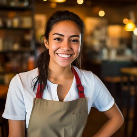 Woman in apron smiling at restaurant
