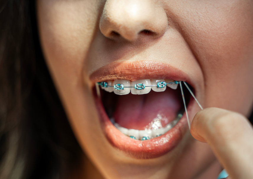 Close up of smile with braces and rubberband