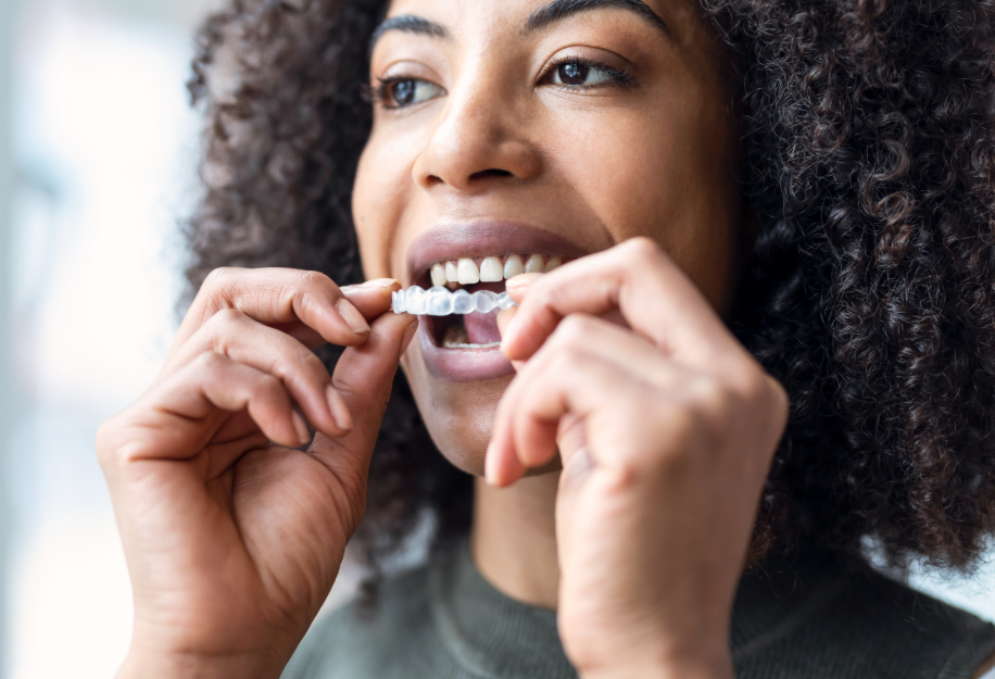 Woman putting on clear aligner